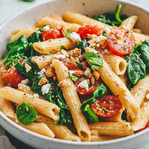 Vegetarian Spring Pasta – A Healthy, Flavor-Packed Dinner Recipe 2 Bowl Of Vegetarian Spring Pasta Topped With Feta Cheese And Almonds, Garnished With Baby Spinach.