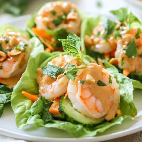 Healthy Vietnamese Lettuce Wraps With Peanut Sauce: A Quick &Amp; Nutritious Recipe 2 Vietnamese Lettuce Wraps Filled With Shrimp And Fresh Vegetables, Drizzled With Peanut Sauce On A White Plate