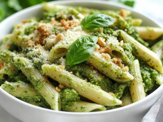 Walnut Pesto Pasta In A White Bowl, Topped With Crispy Garlic Breadcrumbs And Fresh Herbs
