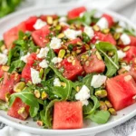 Vibrant Watermelon Arugula Salad With Feta And Pistachios Served On A White Plate, Garnished With Fresh Herbs