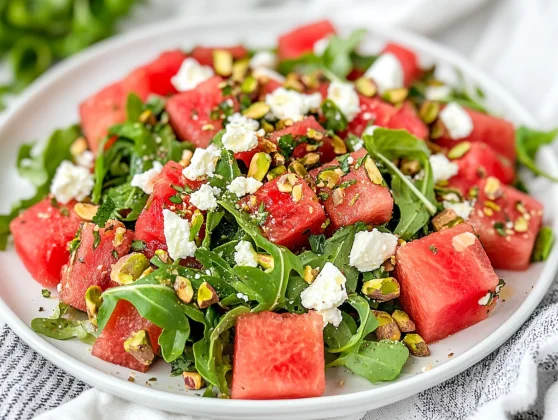 Refreshing Watermelon Arugula Salad With Feta &Amp; Pistachios 2 Vibrant Watermelon Arugula Salad With Feta And Pistachios Served On A White Plate, Garnished With Fresh Herbs