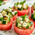 Colorful Watermelon Cucumber Feta Salad Cups Garnished With Balsamic Glaze On A White Plate
