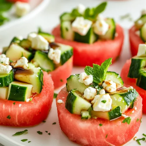 Watermelon Cucumber Feta Salad Cups: Refreshingly Healthy &Amp; Easy 2 Colorful Watermelon Cucumber Feta Salad Cups Garnished With Balsamic Glaze On A White Plate