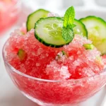 Refreshing Watermelon Cucumber Granita In A Clear Bowl Garnished With Cucumber Slices And Mint On A White Background
