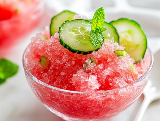 Refreshing Watermelon Cucumber Granita In A Clear Bowl Garnished With Cucumber Slices And Mint On A White Background