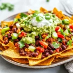 Vibrant Wholemeal Nachos Topped With Spicy Beans, Greek Yogurt, And Guacamole On A White Plate