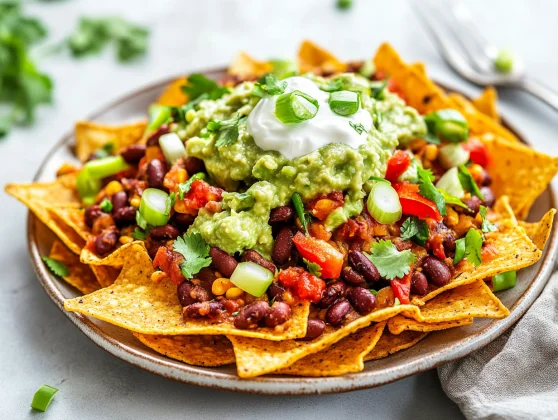 Wholesome And Healthy Wholemeal Nachos Recipe 2 Vibrant Wholemeal Nachos Topped With Spicy Beans, Greek Yogurt, And Guacamole On A White Plate