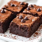 Deliciously Rich Zucchini Brownies On A White Plate, Garnished With Chocolate Chips And A Light Dusting Of Cocoa.