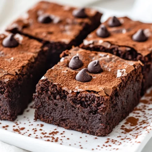 Deliciously Rich Zucchini Brownies On A White Plate, Garnished With Chocolate Chips And A Light Dusting Of Cocoa.