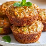 Zucchini Carrot Oatmeal Muffins Stacked On A White Plate, Drizzled With Maple Syrup And Garnished With Mint Leaves