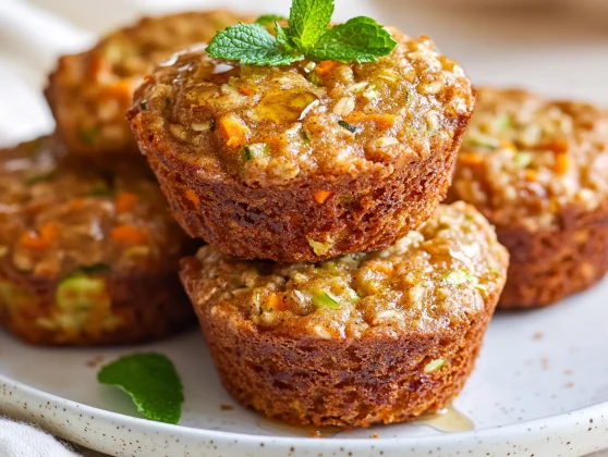 Zucchini Carrot Oatmeal Muffins For A Healthy Breakfast Boost 2 Zucchini Carrot Oatmeal Muffins Stacked On A White Plate, Drizzled With Maple Syrup And Garnished With Mint Leaves