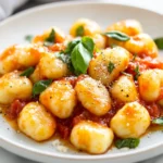 Delicious Zucchini Gnocchi Topped With Marinara Sauce And Fresh Basil On A White Plate