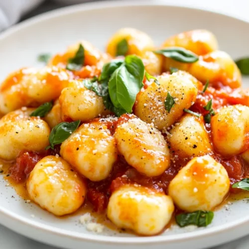 Delicious Zucchini Gnocchi Topped With Marinara Sauce And Fresh Basil On A White Plate