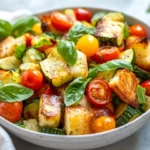 Zucchini Panzanella Salad In A White Bowl, Garnished With Fresh Basil And Heirloom Tomatoes