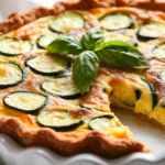 Sliced Zucchini Quiche With Cheese On A White Plate Garnished With Fresh Basil Leaves