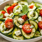 Zucchini Salad With Feta In A White Bowl Garnished With Fresh Oregano And Olive Oil