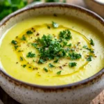 Bowl Of Zucchini Yellow Squash Soup Garnished With Fresh Parsley And Olive Oil On A Rustic Wooden Table