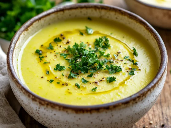 Bowl Of Zucchini Yellow Squash Soup Garnished With Fresh Parsley And Olive Oil On A Rustic Wooden Table